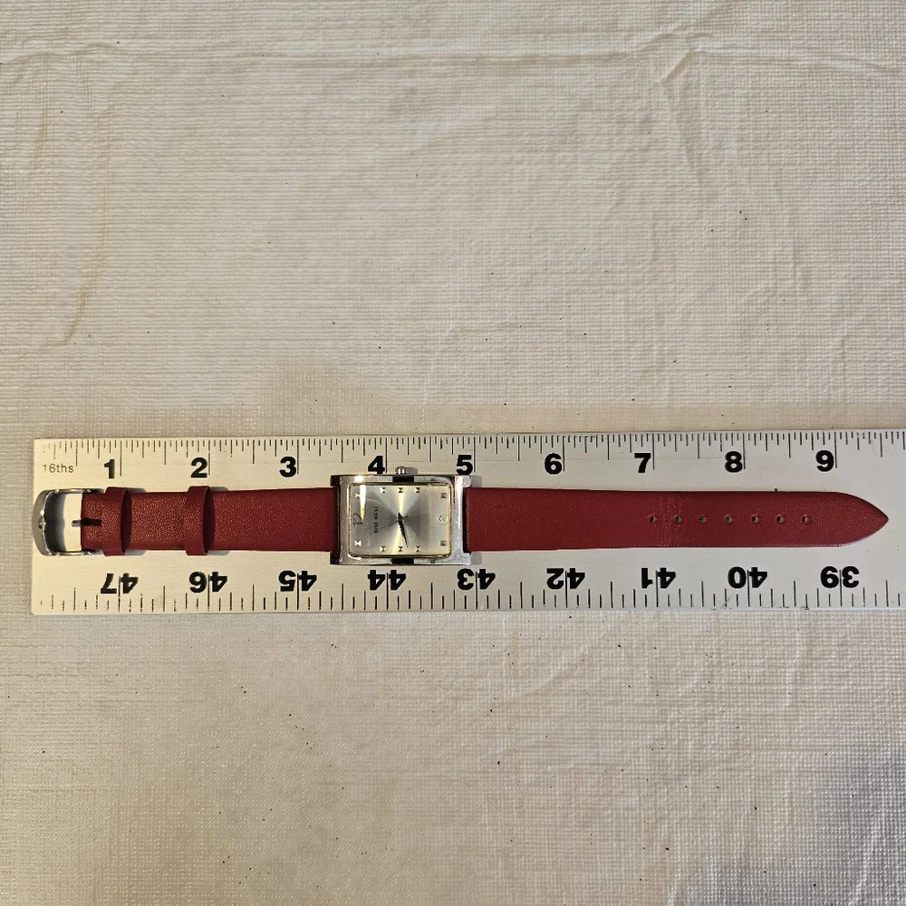 Nine‎ West Womens Watch Red Leather Strap Silver Rectangular Dial Needs Battery
